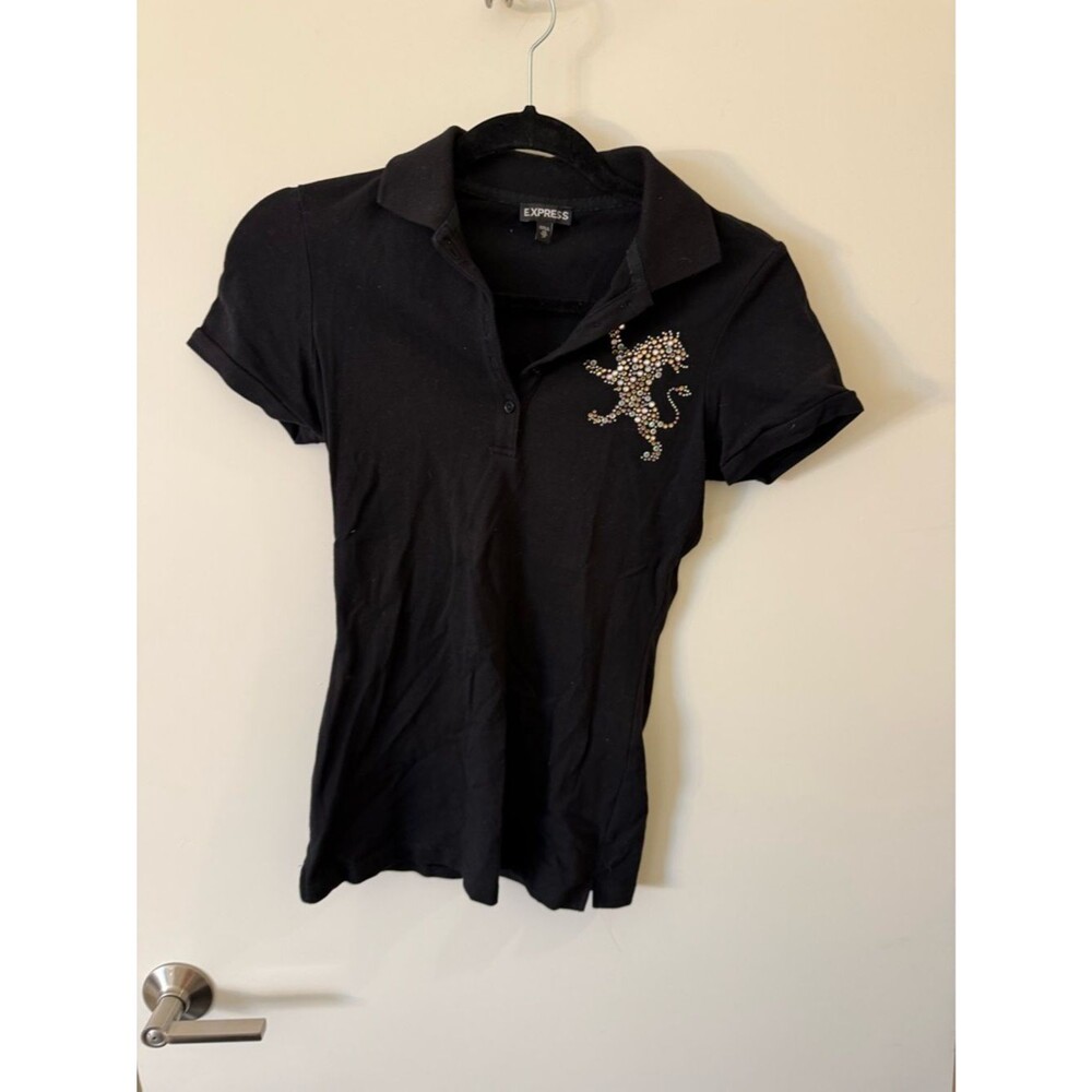 Express Black Polo Shirt with Sequin Jewel Logo Y2K